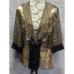 Vtg Spencer Alexis L Top Kimono Boho Lace Embellished Silk Mixed Media Leopard